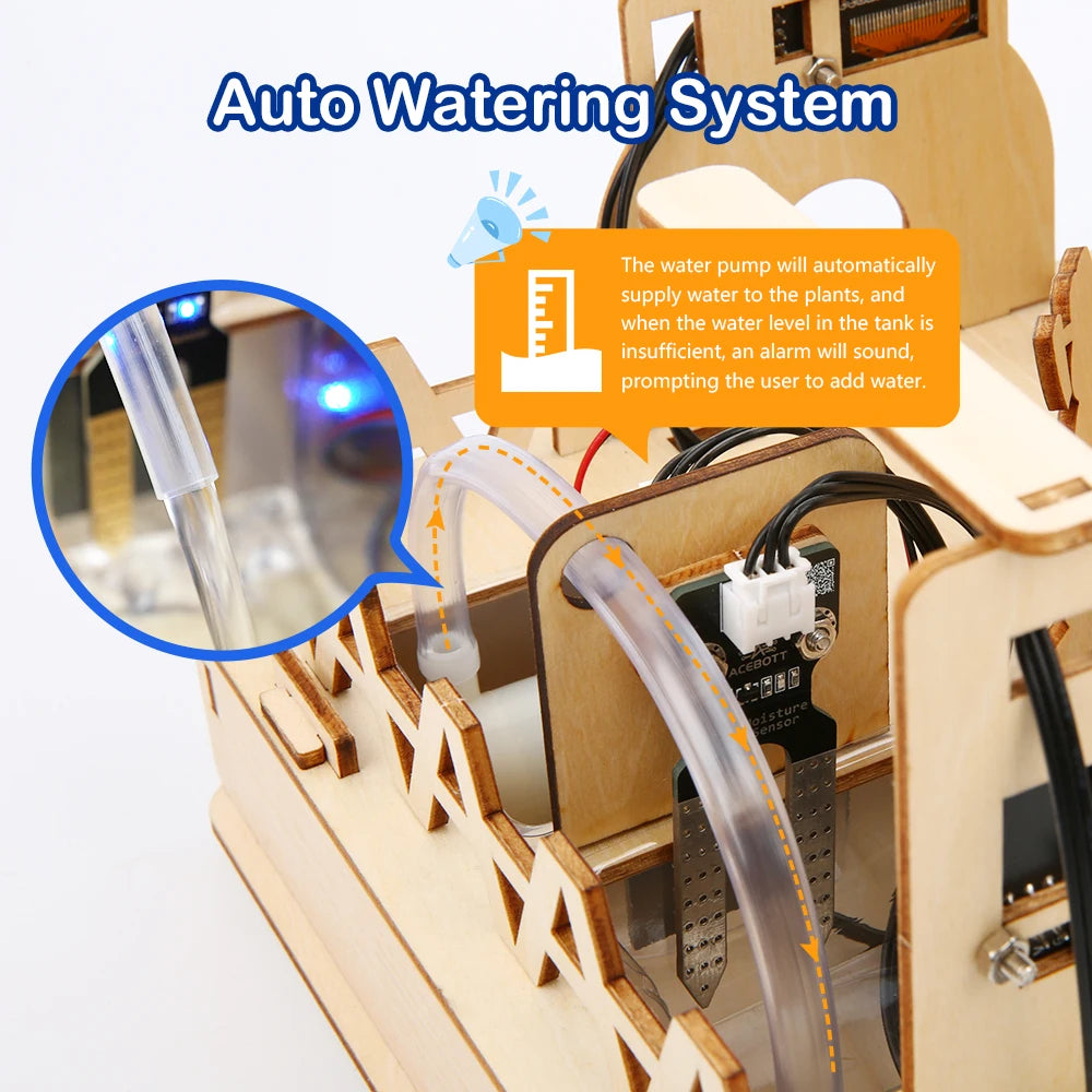 Smart Farm wooden toy kit with included sensors, wiring, and electronic components - unboxed