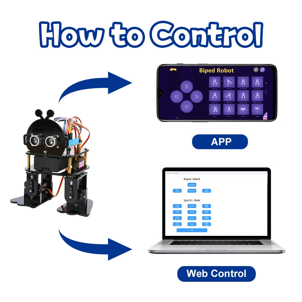 Biped Coding Robot Kit humanoid walking robot with servo joints and ultrasonic eyes - front view
