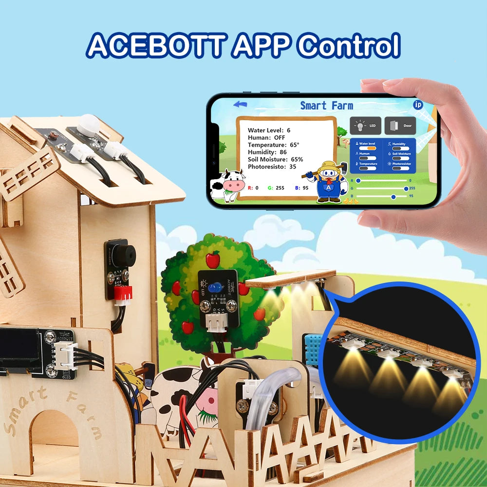 Smart Farm IoT STEM Kit for kids with wooden farm structure and ESP32 controller - front view
