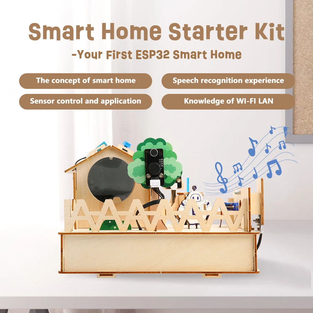 Smart Home IoT STEM Kit with wooden house structure and ESP32 controller - front view