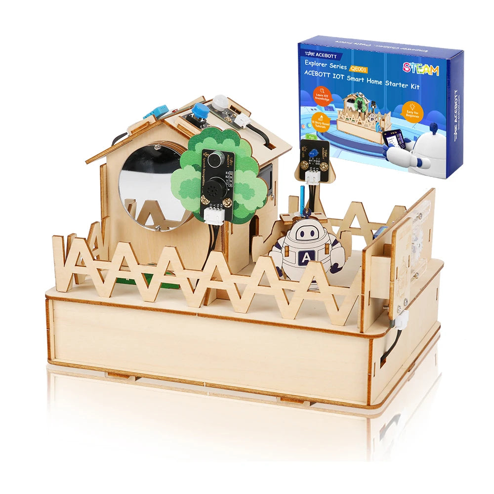 Smart Home IoT STEM Kit with wooden house structure and ESP32 controller - front view
