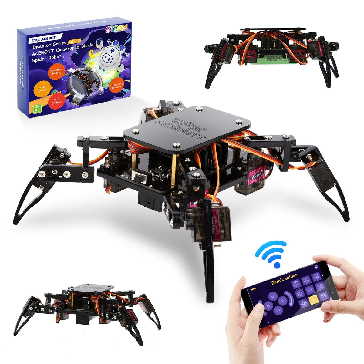 Bionic Spider Robot Kit with four articulated legs and servo motors - front view