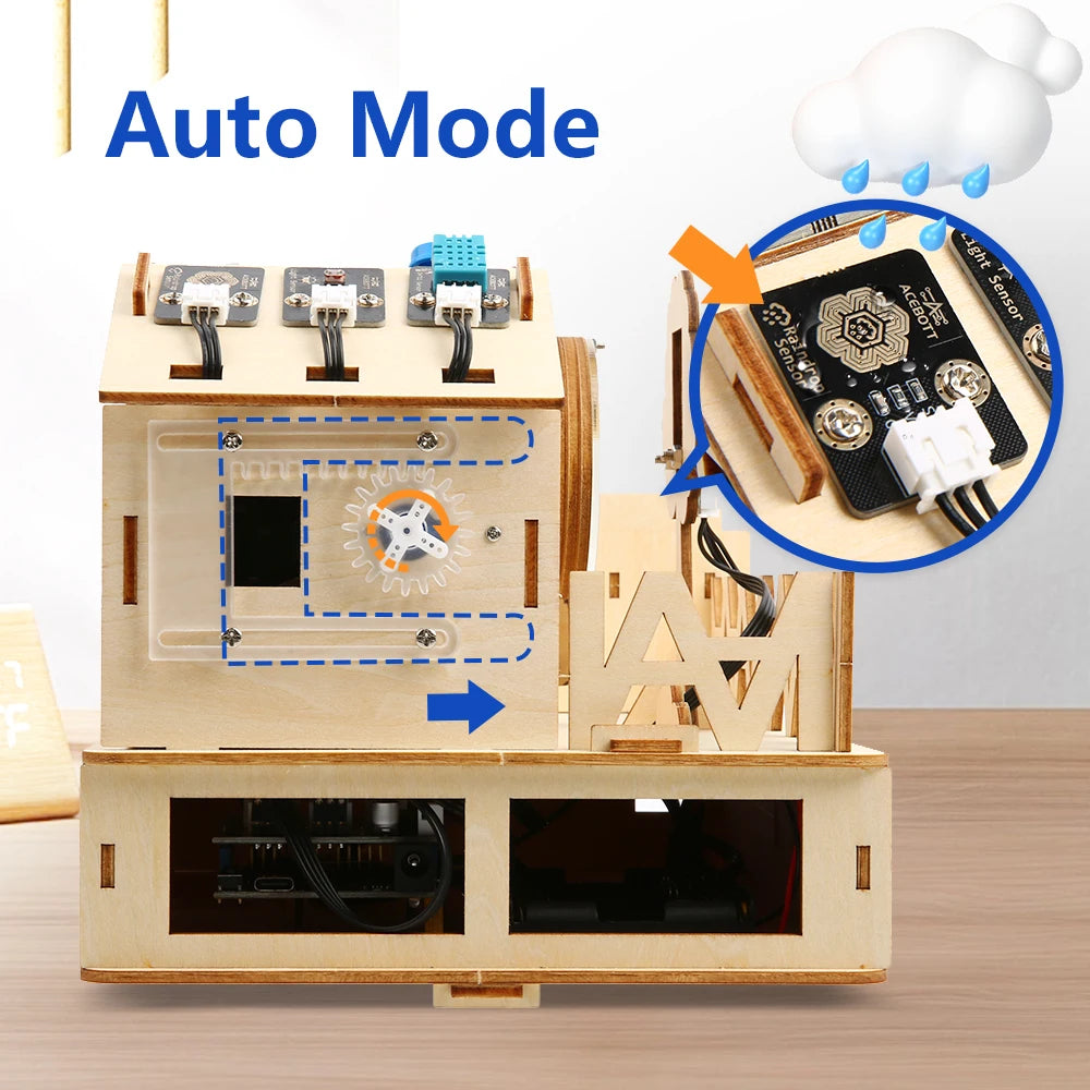 Smart Home wooden toy kit components laid out including ESP32 board and sensors - unboxed