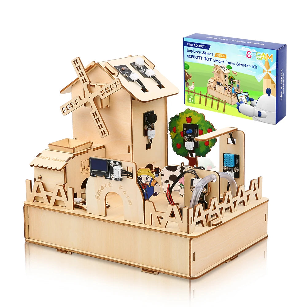 Smart Farm IoT STEM Kit for kids with wooden farm structure and ESP32 controller - front view