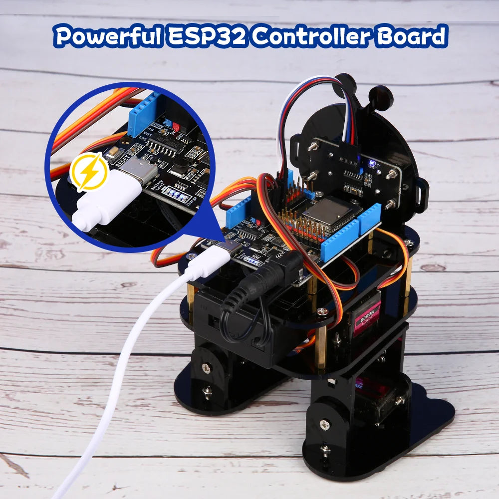 Biped Coding Robot Kit components including servos, ultrasonic sensor, and controller - unboxed